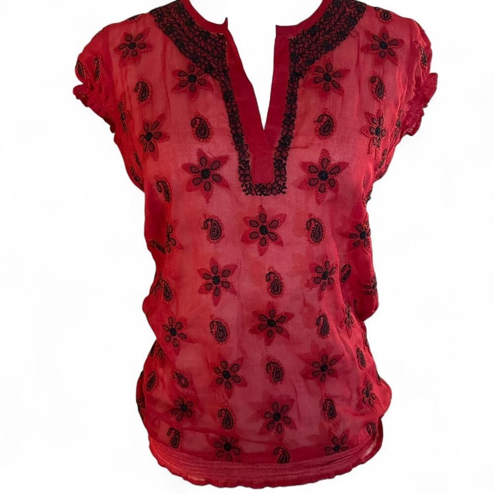 Sheer Linen Red Embroidered Paisley Indian Made Tunic Blouse